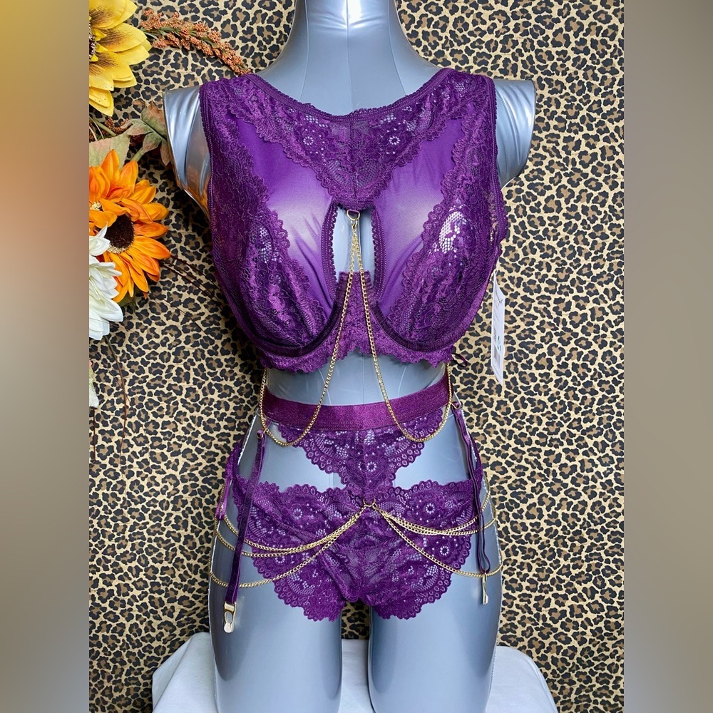 🦋B2G1🦋DREAMGIRL 3Pc Lace & Mesh Gold Chain Bra Set with Garters | X-LARGE |